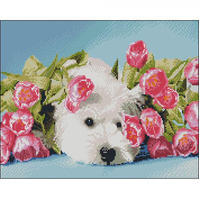 Алмазна мозаїка Strateg ПРЕМІУМ Собака в квітах без підрамника розміром 40х50 см (ZAV4050-26)