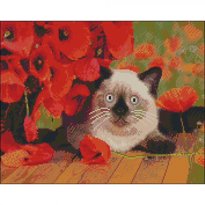 Алмазна мозаїка Strateg ПРЕМІУМ Кіт і маки без підрамника розміром 40х50 см (ZAV4050-32)