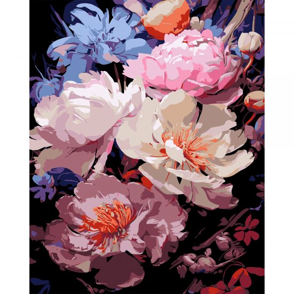 Картина за номерами Strateg ПРЕМІУМ Пелюстки ночі на чорному фоні розміром 40х50 см (AH1164)