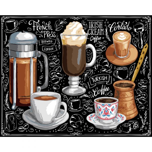 Картина за номерами Strateg ПРЕМІУМ Світ кави на чорному фоні розміром 40х50 см (AH1173-19)