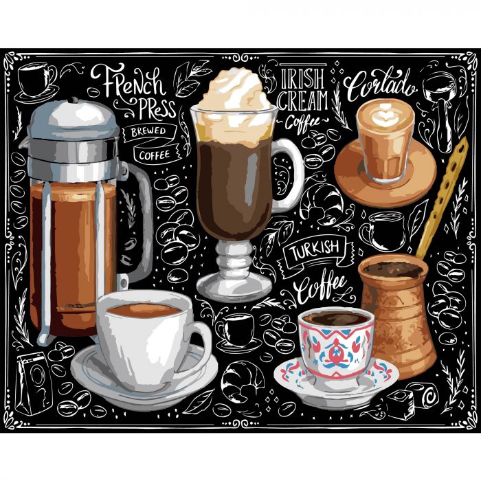 Картина за номерами Strateg ПРЕМІУМ Світ кави на чорному фоні розміром 40х50 см (AH1173-19)