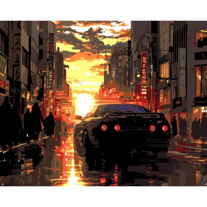 Картина за номерами Strateg ПРЕМІУМ Авто на заході на чорному фоні розміром 40х50 см (AH1178-17)