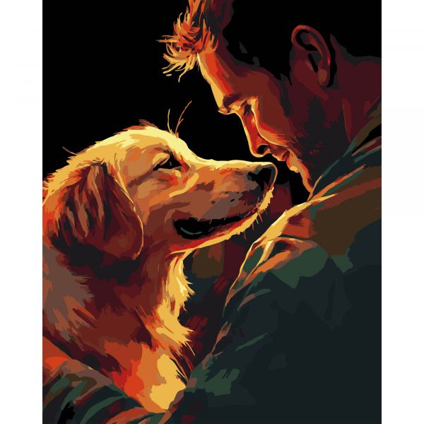 Картина за номерами Strateg ПРЕМІУМ Людина і пес на чорному фоні розміром 40х50 см (AH1181-19)