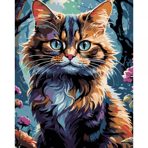 Картина за номерами Strateg ПРЕМІУМ Кіт в саду на чорному фоні розміром 40х50 см (AH1182-19)