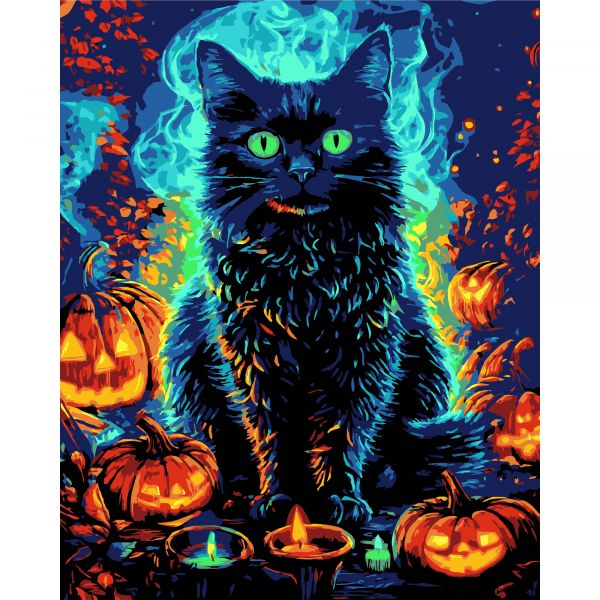 Картина за номерами Strateg ПРЕМІУМ Кіт у Гелловін на чорному фоні розміром 40х50 см (AH1183-12)