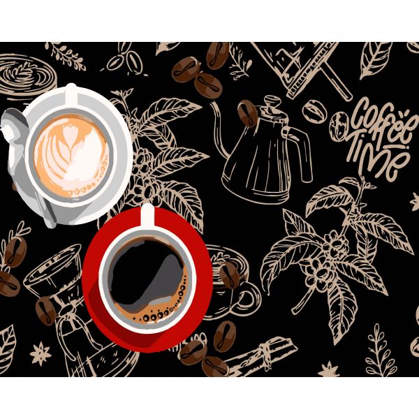 Картина за номерами Strateg ПРЕМІУМ Дві чашки кави на чорному фоні розміром 40х50 см (AH1184-12)