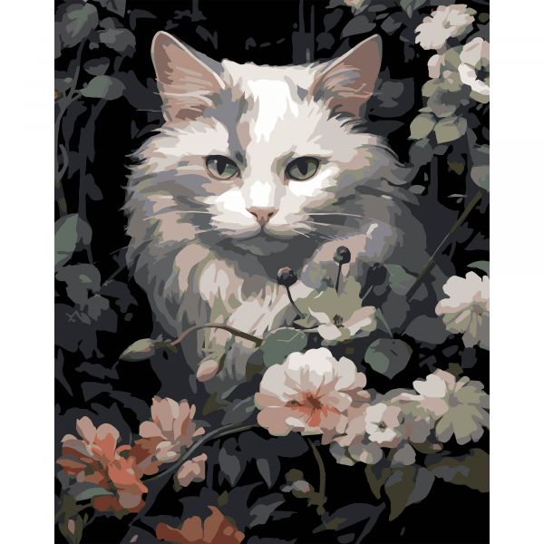 Картина за номерами Strateg ПРЕМІУМ Кіт у квітах на чорному фоні розміром 40х50 см (AH1191-17)