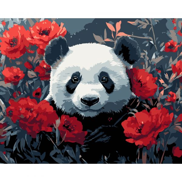 Картина за номерами Strateg ПРЕМІУМ Панда в маках на чорному фоні розміром 40х50 см (AH1197-15)