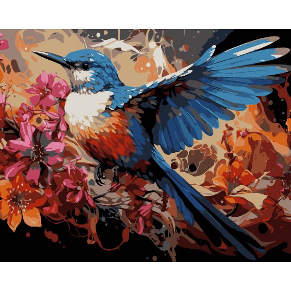 Картина за номерами Strateg ПРЕМІУМ Маленька пташка на чорному фоні розміром 40х50 см (AH1202-17)