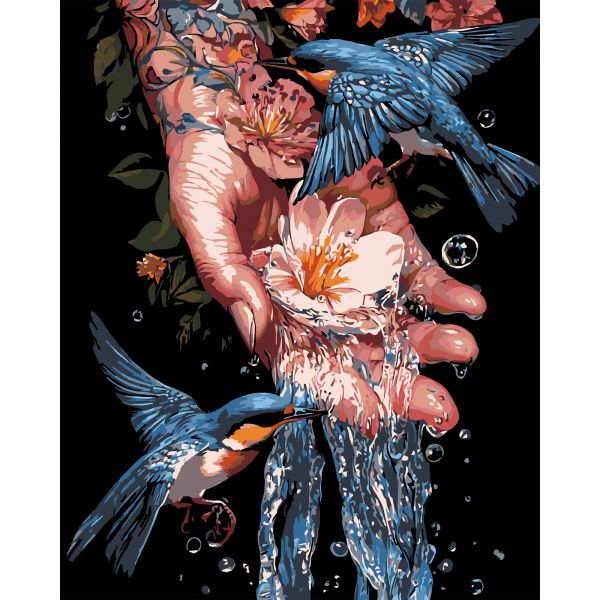 Картина за номерами Strateg ПРЕМІУМ Сині птахи на чорному фоні розміром 40х50 см (AH1204-17)