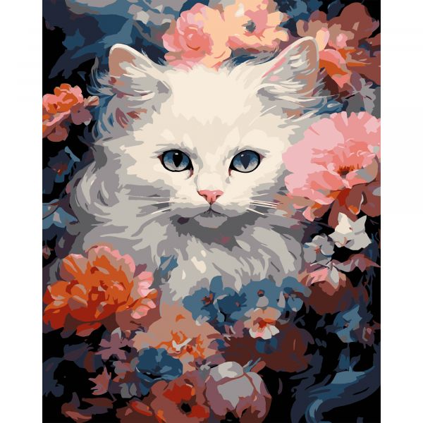 Картина за номерами Strateg ПРЕМІУМ Біла кішка на чорному фоні розміром 40х50 см (AH1214-19)