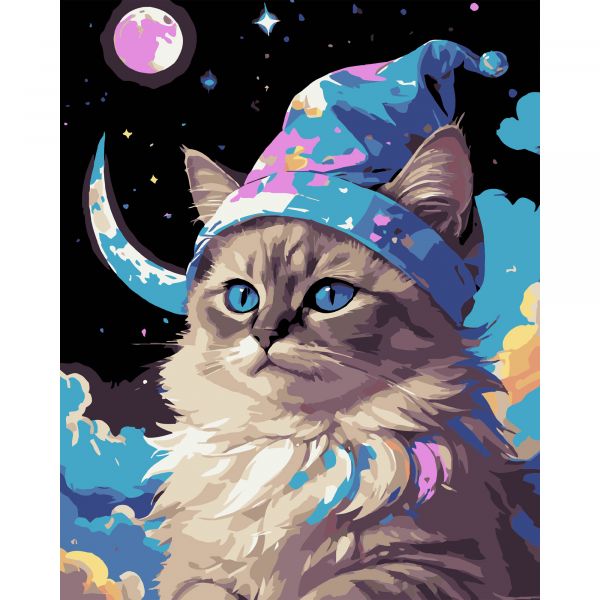 Картина за номерами Strateg ПРЕМІУМ Кіт серед зірок на чорному фоні розміром 40х50 см (AH1219-17)