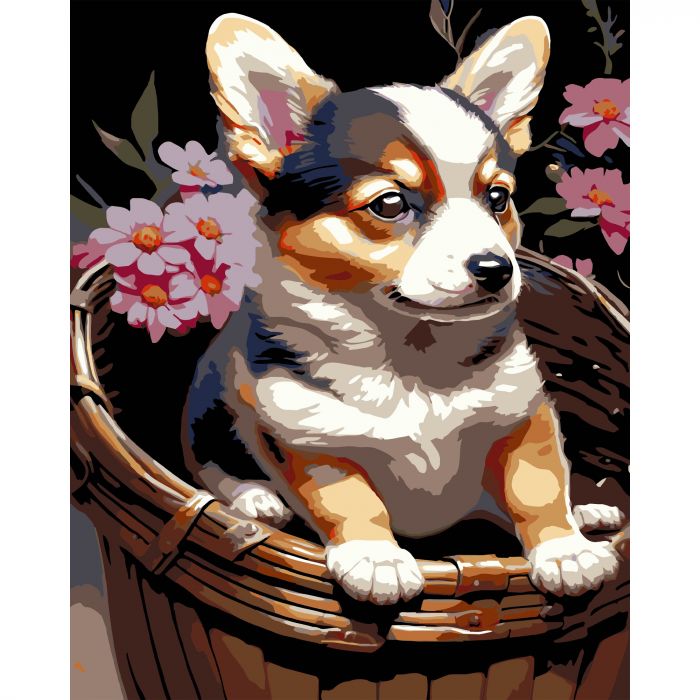 Картина за номерами Strateg ПРЕМІУМ Цуценя у кошику на чорному фоні розміром 40х50 см (AH1220-19)