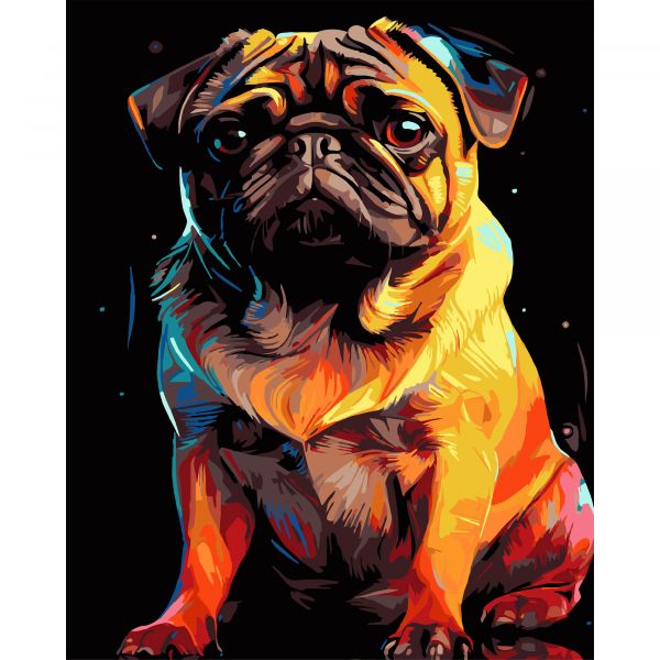 Картина за номерами Strateg ПРЕМІУМ Яскравий мопс на чорному фоні розміром 40х50 см (AH1223-19)