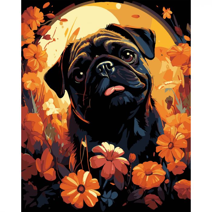 Картина за номерами Strateg ПРЕМІУМ Мопс у квітах на чорному фоні розміром 40х50 см (AH1228-18)