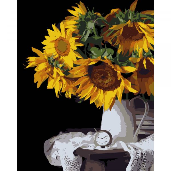Картина за номерами Strateg ПРЕМІУМ Букет соняшників на чорному фоні розміром 40х50 см (AH1232-17)