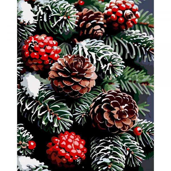 Картина за номерами Strateg ПРЕМІУМ Зимова хвоя на чорному фоні розміром 40х50 см (AH1236)