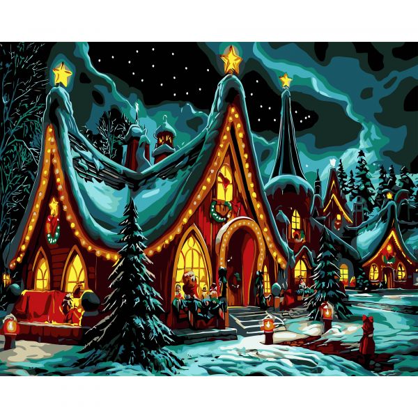 Картина за номерами Strateg ПРЕМІУМ Святковий будинок на чорному фоні розміром 40х50 см (AH1243)